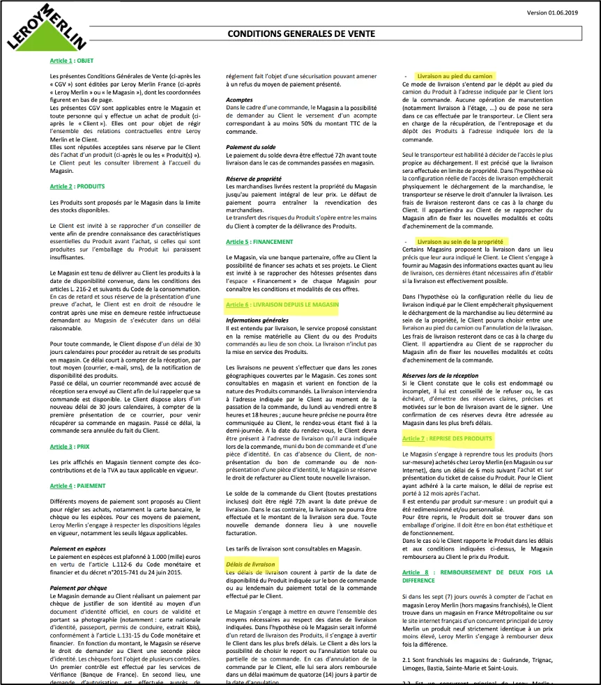 Conditions generales de livraison et retour leroy merlin